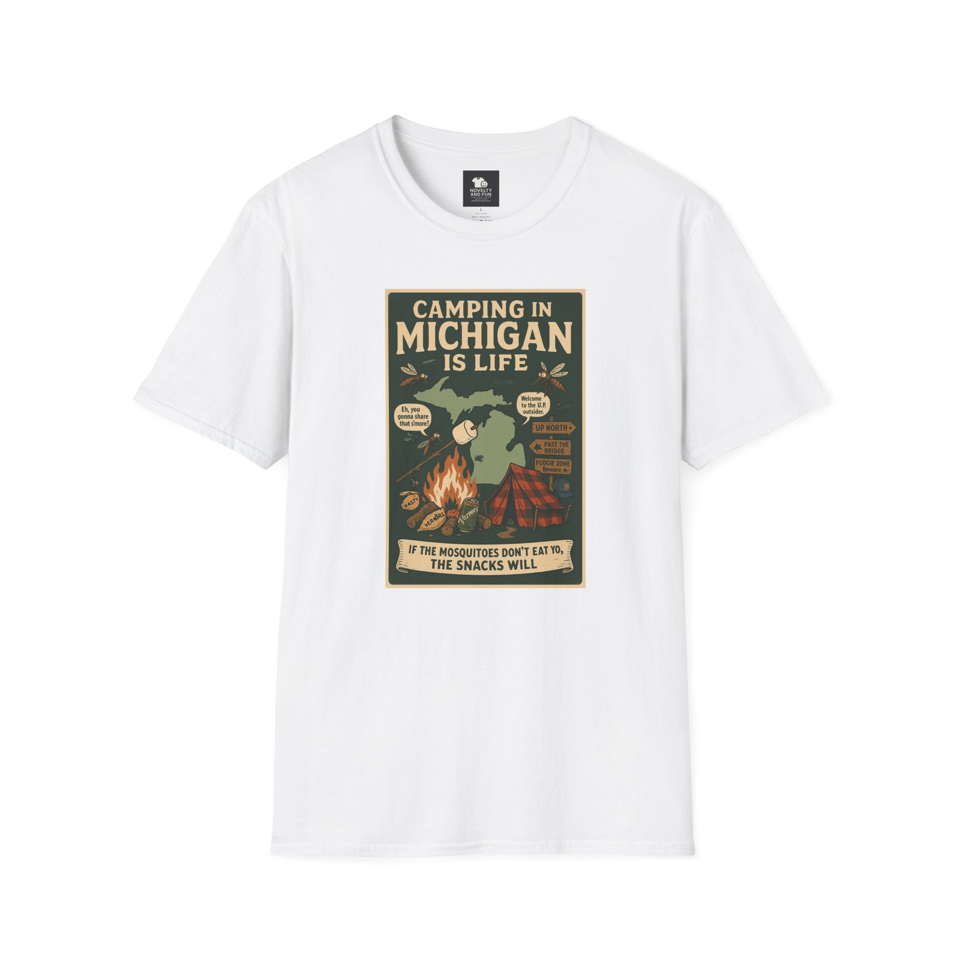 Camping in Michigan Unisex Softstyle T-Shirt, Outdoor Adventure Shirt, Ideal Gift for Campers, Nature Lovers, Summer Fun