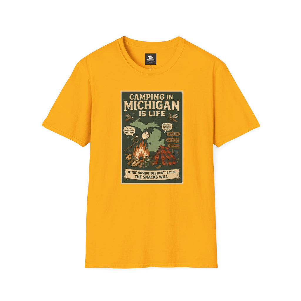 Camping in Michigan Unisex Softstyle T-Shirt, Outdoor Adventure Shirt, Ideal Gift for Campers, Nature Lovers, Summer Fun