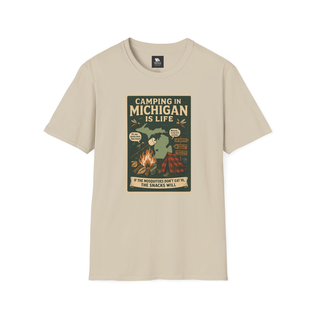 Camping in Michigan Unisex Softstyle T-Shirt, Outdoor Adventure Shirt, Ideal Gift for Campers, Nature Lovers, Summer Fun