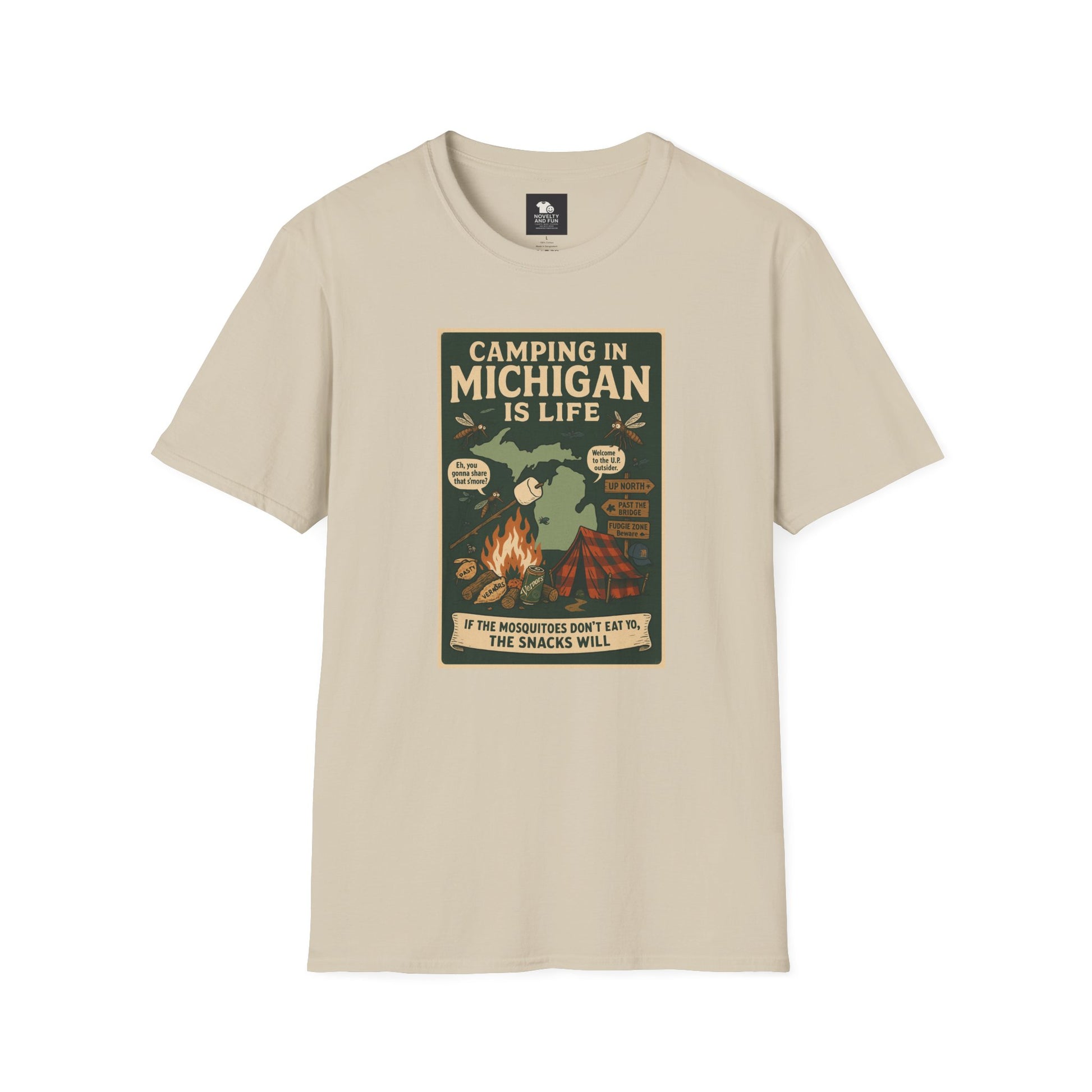Camping in Michigan Unisex Softstyle T-Shirt, Outdoor Adventure Shirt, Ideal Gift for Campers, Nature Lovers, Summer Fun